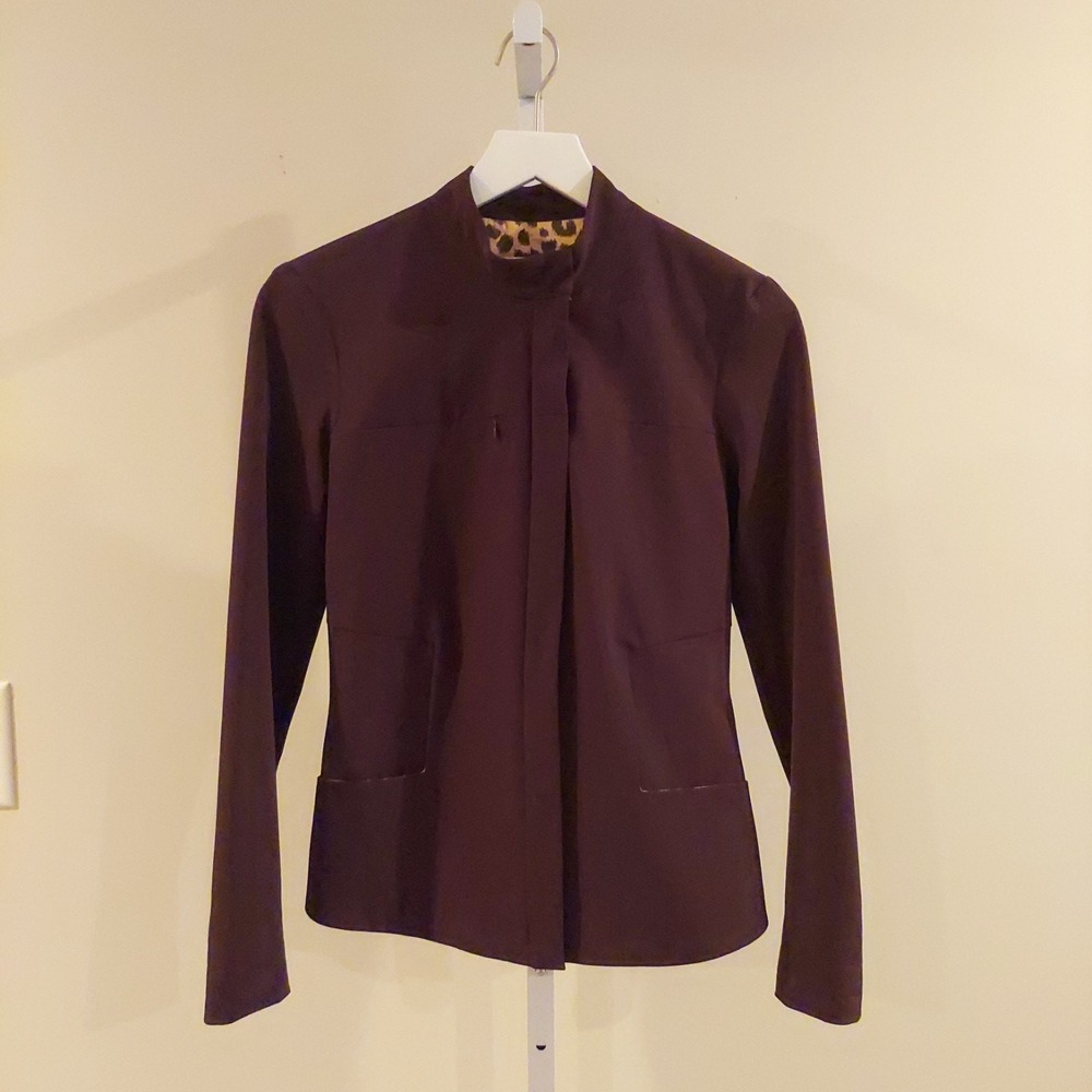 Vtg Cache Blazer Size 2 Brown Zip Front‎ Bishop Collar Pockets Office Career